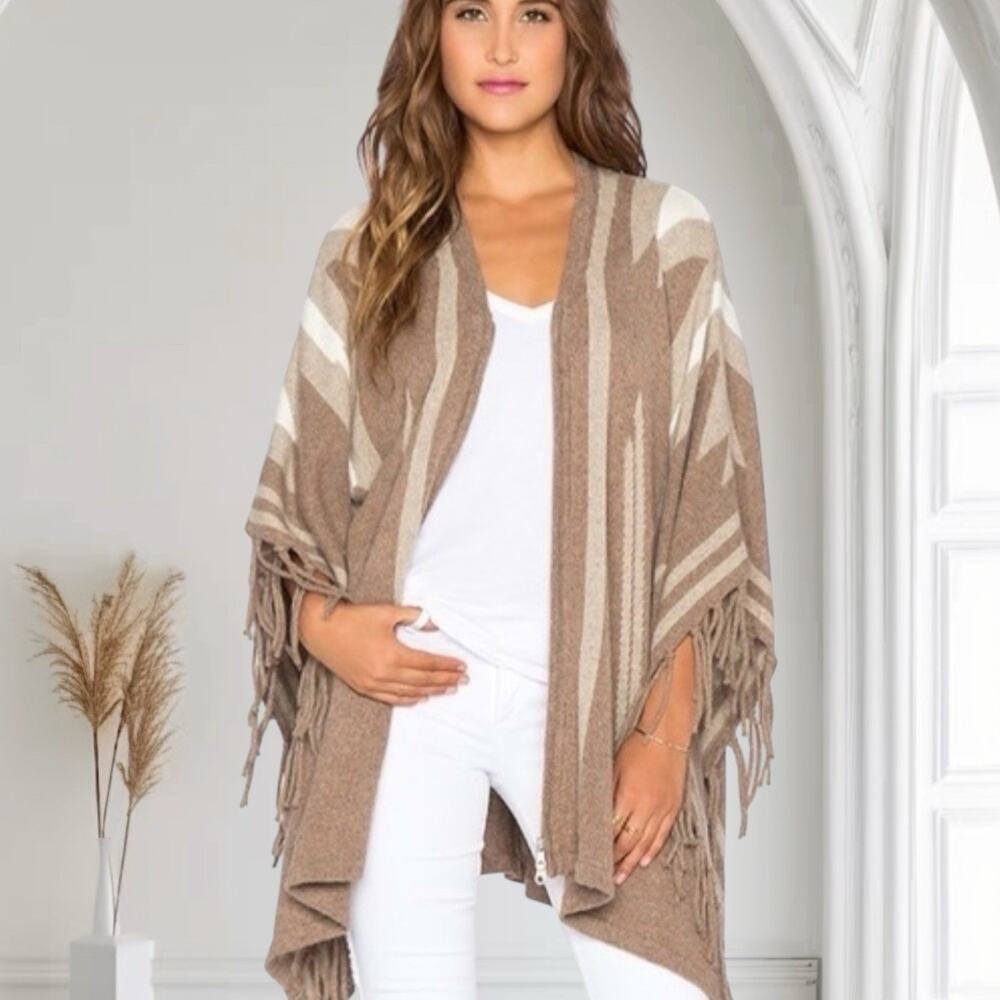 Joie Ignacie Fringe Poncho Cashmere Wool Cotton Knit Zip Sweater M/L Oversized